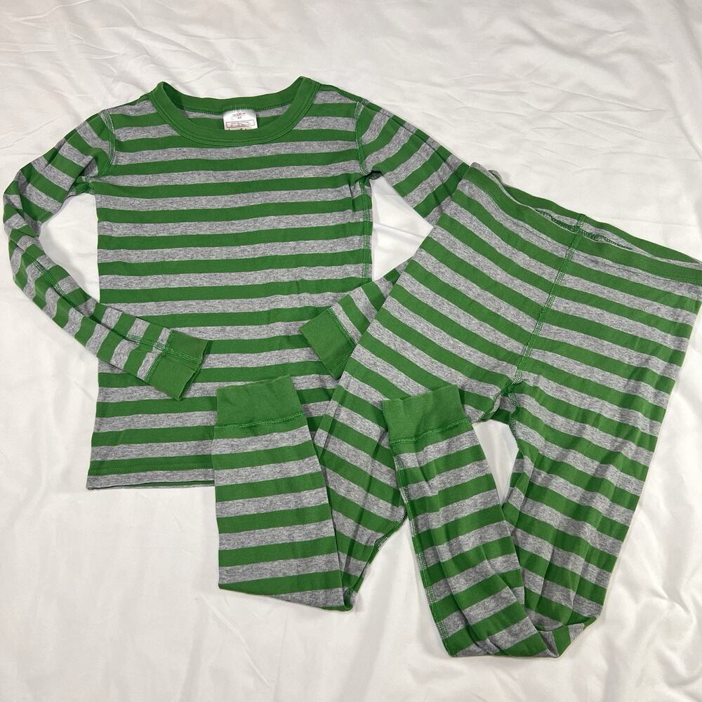 Hanna Andersson Pajamas Set Unisex Kids Size 8 Green Gray Striped Organic Cotton
